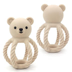 3Pcs Baby Silicone Teether Toy Set - Food-Grade Silicone Teething Relief Toys,Wooden Ring Teether Cute Bear Toy and Toy Straps for Babies 3-12 Months (Bright Beige)