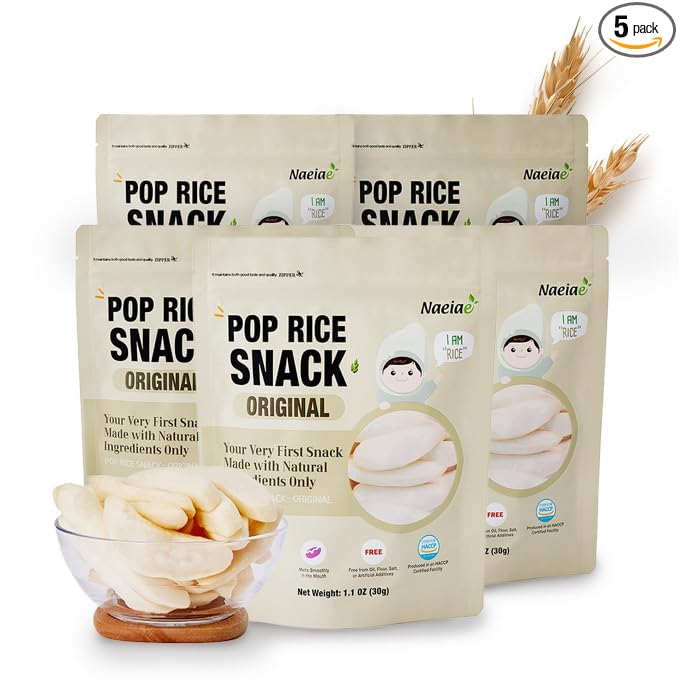 Naeiae Pop Organic Snack, Rice Puffs Teething Snack for Babies & Toddlers (100% Korean Rice, Naturally Gluten-Free, No Oil) Wholesome Baby Teether Food, Nutritious Finger Snacks for 6 Months to 2 Years, 5-Pack
