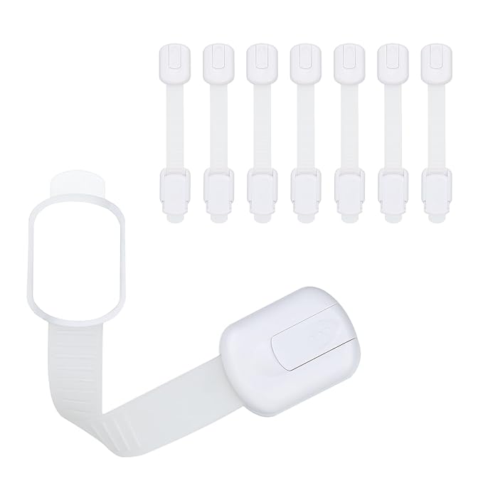 Child Safety Cabinet Locks (8 Pack) – Adjustable Baby Proofing Strap Latches with Strong 3M Adhesive – No Drill Childproof Locks for Drawers, Cabinets, Fridge, Door, Closet, White