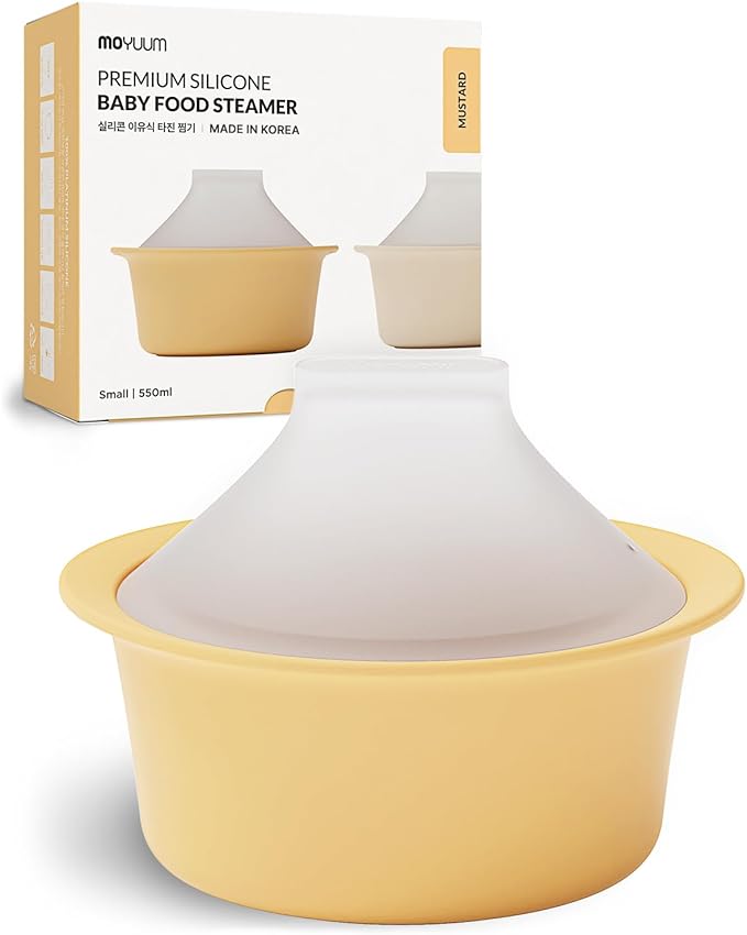 Moyuum Silicone Microwave Steamer | Made in Korea, Baby Food Maker Bowl with Lid, Egg and Vegetable Steam Cooker, Japanese Donabe Inspired Cooking Pot, Dishwasher Safe (Small, Mustard)