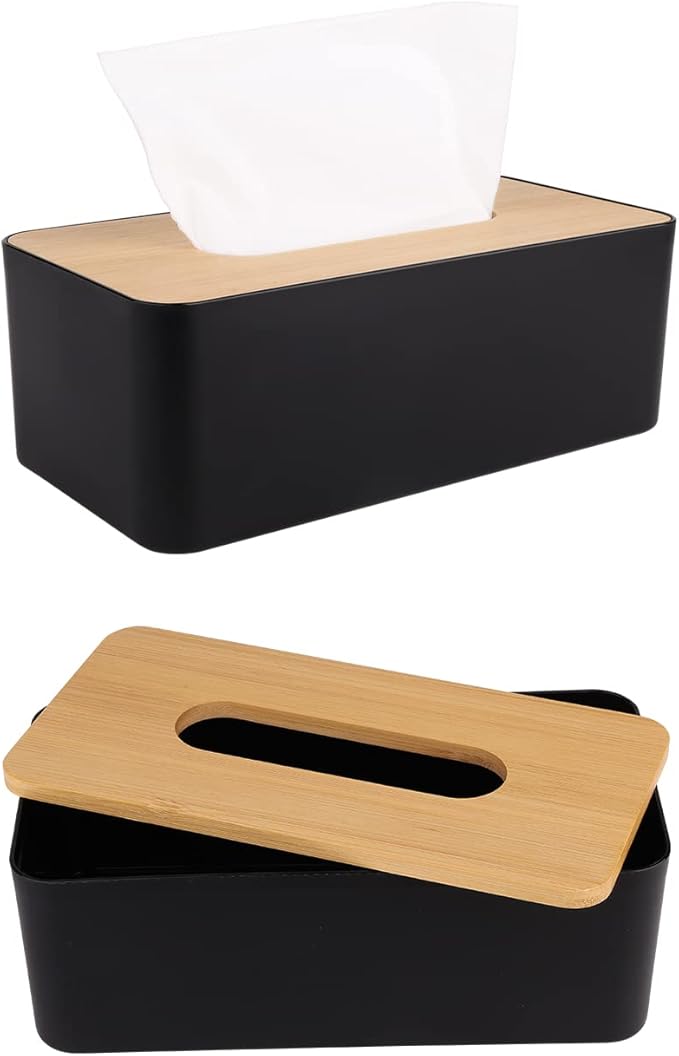 MOCHTERO Tissue Box Cover,Tissue Holders,Tissue Box Holder for Bathrooms,Bamboo Cover Plate,Home and Office,9.7 * 5 * 3.6in (Black)
