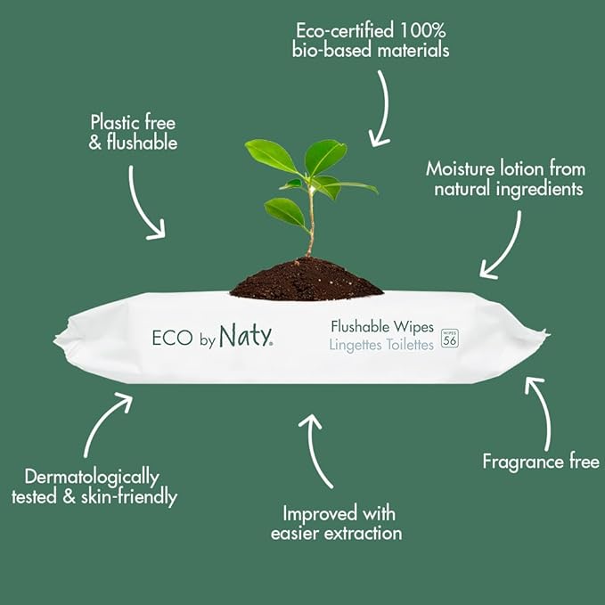 Naty Flushable Toddler & Baby Wet Wipes | Plant-Based, Water-Based for Sensitive Skin | Natural & Unscented Potty Training Wipes | Water-Degradable, Plastic-Free, Fragrance-Free | 672 Count (12 Packs)