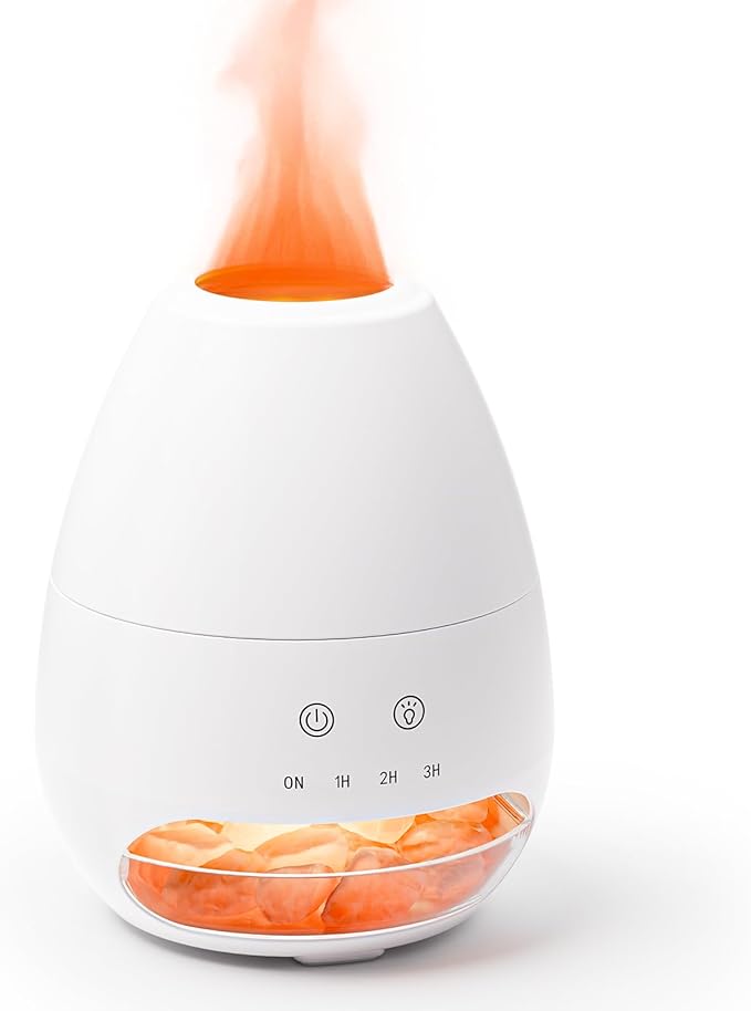 Ultrasonic Essential Oil Diffuser with Himalayan Salt Rock,Flame Oil Diffuser with 2 Color Light,Small Aromatherapy Oil Diffuser with Auto Off Function for Home, Office,Spa,100ML