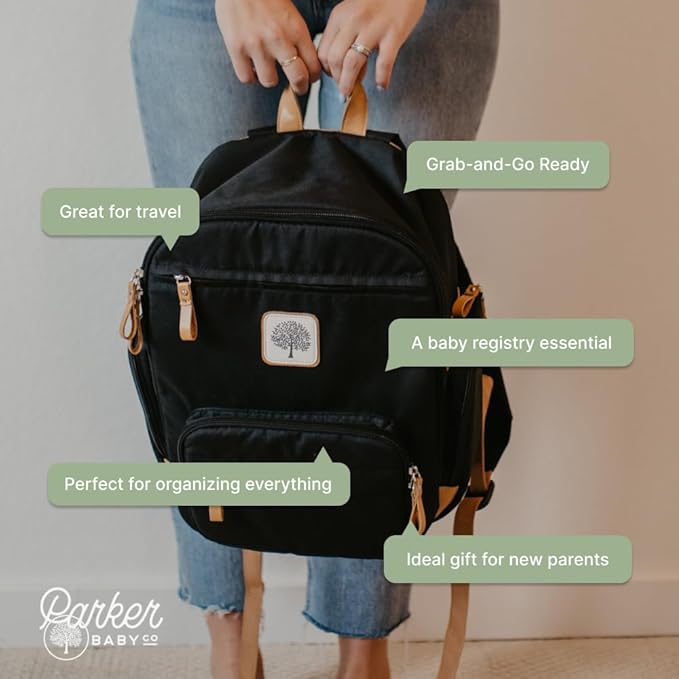 Parker Baby Co. Diaper Backpack - Full Zip Diaper Bag with Insulated Pockets - Black