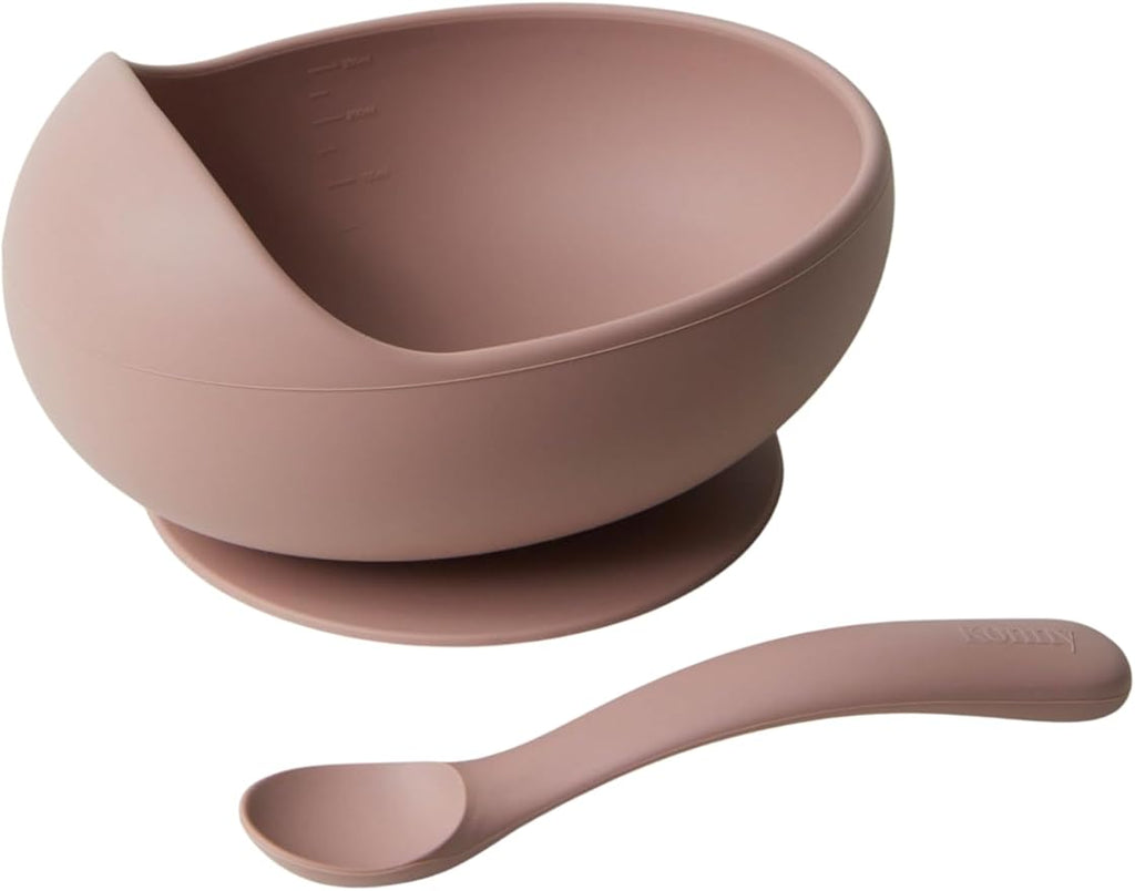 Konny Baby Bowl Microwaveable Silicone & Spoon Set, Self Feeding Essentials Baby Led Weaning Supplies -Raspberry Mousse