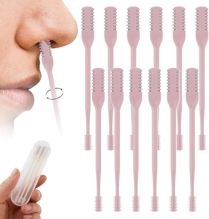 2-in-1 Nasal Hair Cutter, 360° Rotating Double Sided Nose Hair Removal Tool, Nose Hair Clipper with Ear Picker for Women and Men (Pink, 12 PCS)