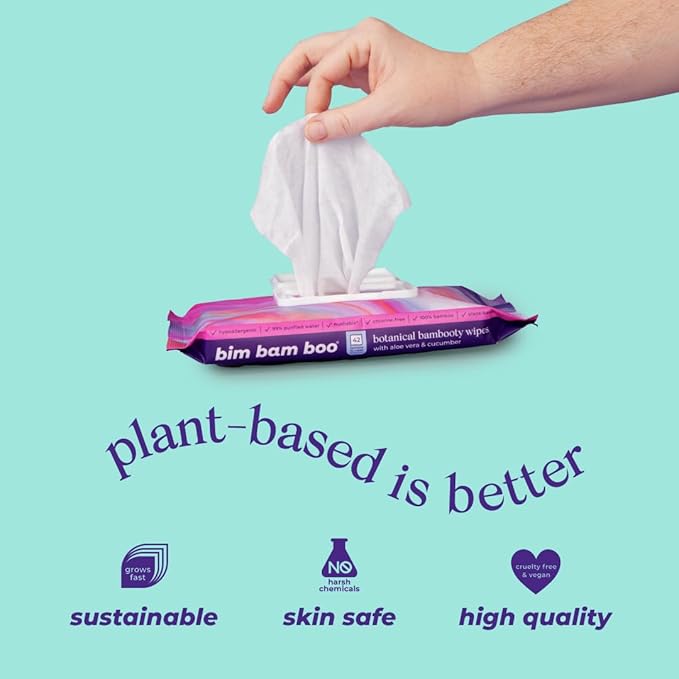 Bim Bam Boo | Flushable Wet Wipes | 100% Plant Based | Extra-Large Size Durable Bamboo | Body Safe, Smooth on Skin, Hypoallergenic | 42 Wipes Per Pouch - 8 Pouches | 366 Total Wipes