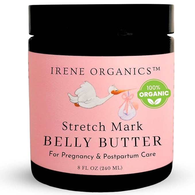 Irene Organics Organic Belly Butter for Pregnancy Stretch Mark Prevention and Treatment Award Winning Anti Stretch Mark Tummy Balm For Pregnancy and Postpartum 8oz - Hydrating Bump Cream