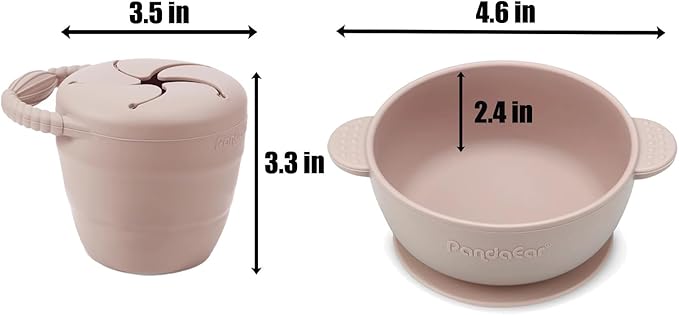 PandaEar Silicone Baby Feeding Set | 9PCS Baby Led Weaning Supplies Self Feeding Utensils | Divided Suction Plate Bowl Bibs Sippy Cup with Baby Snack Container Spoons Forks (Pink)