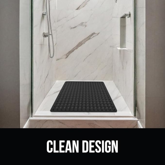 GORILLA GRIP Patented Square Shower Stall Mat, Small Bathtub Floor Mats for Stand Up Showers, Suction Cups and Drainage Holes, Machine Wash, Soft on Feet, Bathroom Accessories 21x21 Inch, Black Opaque