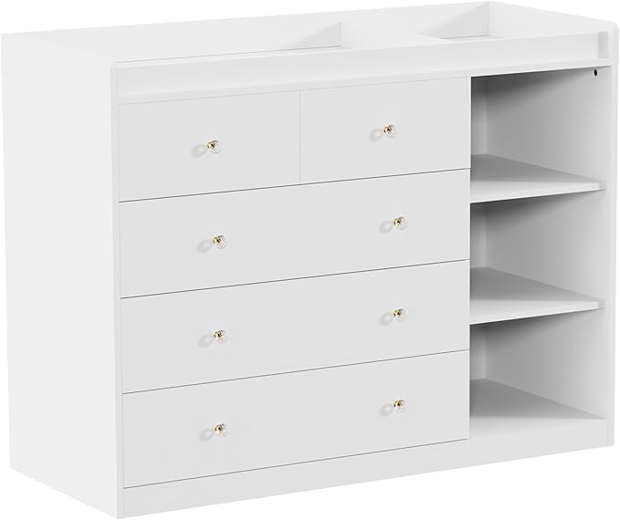 Nursery Dresser Changing Table Dresser with Changing Top Diaper Changing Station with 5 Drawers and 3 Shelves for Children's Room，White