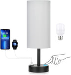 Grey Touch Nightstand Lamps for Girl - Small Bedside Lamp with USB-C and USB Charging Ports, 3 Way Dimmable Control Table Lamp for Living Room Office, Dorm, Reading with Fabric Shade Black Base