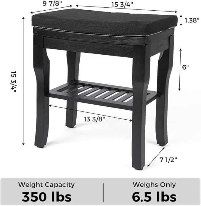 StrongTek Bamboo Shower Bench Seat with Cushion, Shower Stool with Storage Shelf, Lightweight, Non-Slip, Quick-Drain Design, 350 lbs Capacity, Ideal for Bathroom, Spa, Sauna, Living Room