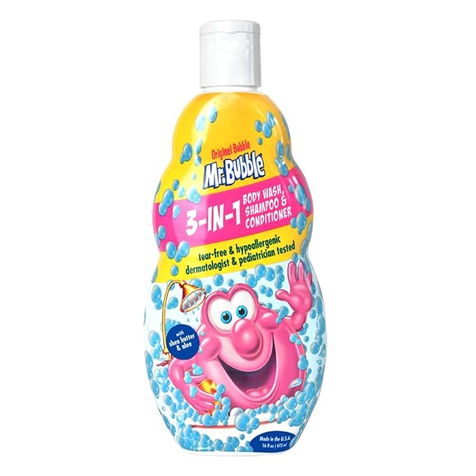 Mr. Bubble Kids Original 3in1 Shampoo, Conditioner, Body Wash – Hypoallergenic, Tear Free Bubble Gum Scented, Creates Big Bubbles In The Tub And Shower (Pack Of 2 Bottles, 16 fl oz Each)