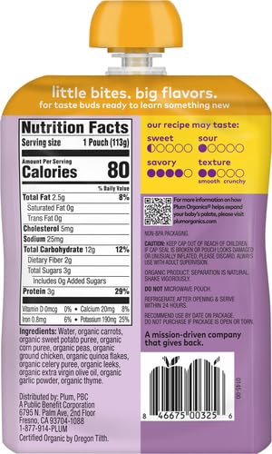 Plum Organics Stage 3 Organic Baby Food - Carrot, Sweet Potato, Corn, Pea, and Chicken - 4 oz Pouch - Organic Baby Food Pouch (Pack of 2)