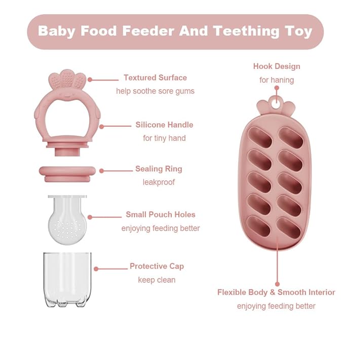 Baby Food Fruit Feeder, Breastmilk Baby Popsicle Molds, Silicone Teether Freezer Tray Food Feeder Pacifier for Teething Relief (Pink)