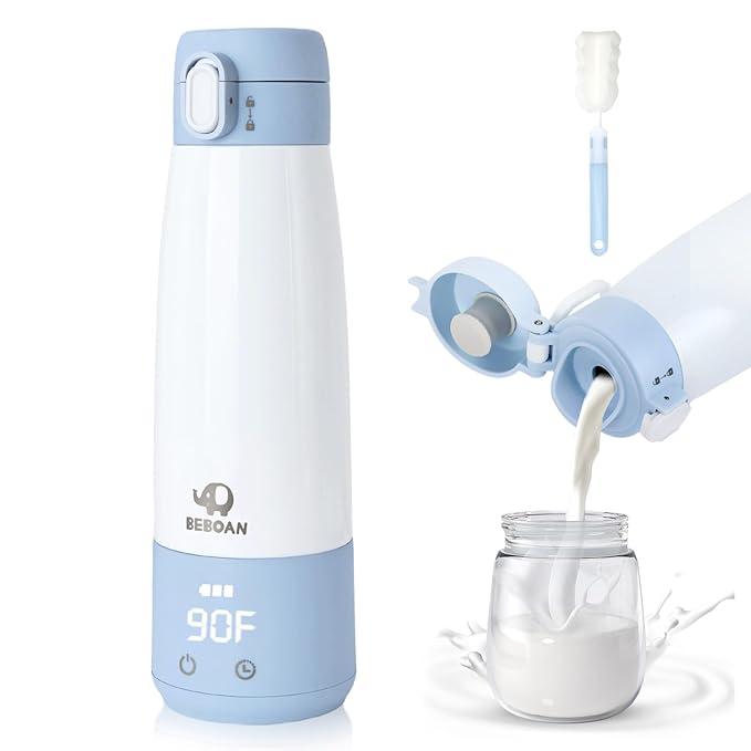 BEBOAN Portable Bottle Warmer for Travel On The Go, Portable Milk Warmer 5-Temp Setting with Lock 12oz Large Capacity, Cordless for Heating Breast Milk Charging with 55w Charger to Get Fast Charging