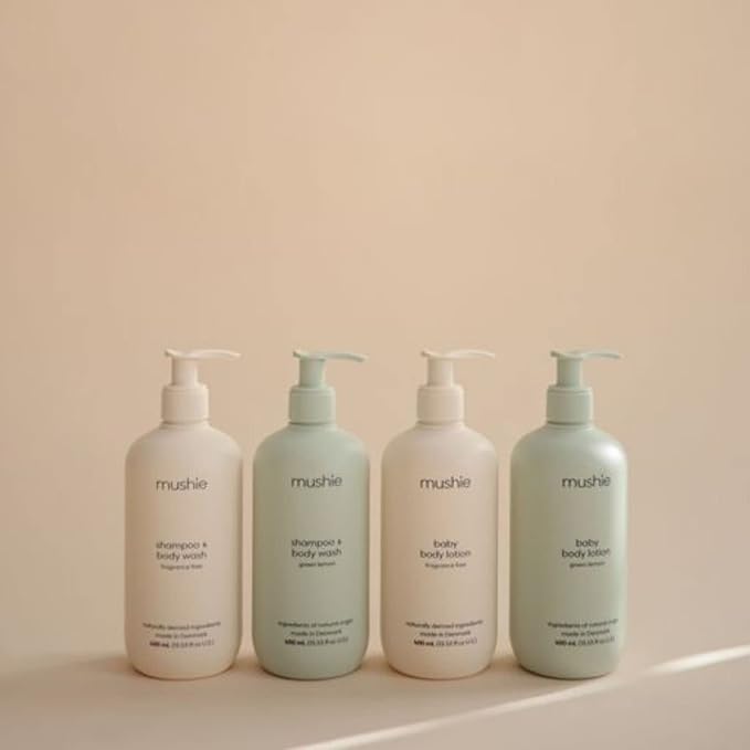 mushie Baby Shampoo & Body Wash | Gentle Formula for Delicate Skin | Certified Organic | Made in Denmark, 13.53 fl oz (Green Lemon)