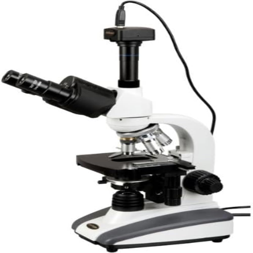 AmScope T360B-5M Digital Trinocular Compound Microscope, 40X-2000X Magnification, WF10x and WF20x Eyepieces, Brightfield, LED Illumination, Abbe Condenser, Double-Layer Mechanical Stage, Includes 5MP Camera with Reduction Lens and Software