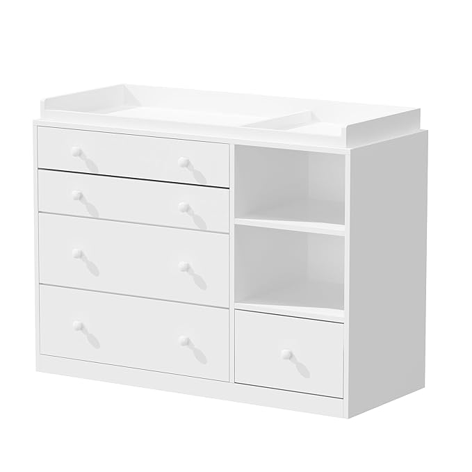 Lovinouse 47" Baby Nursery Dreser Diaper Changing Table Furniture with 5 Drawers and 2 Shelves, Dresser for Baby Nursery with Storage & Removable Changing Top Station,Bedroom,Children's Room, White