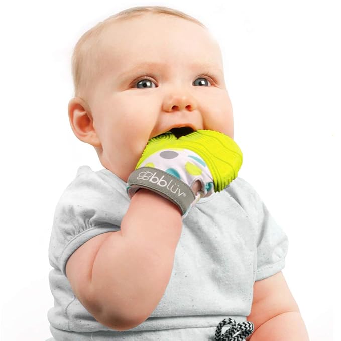 bblüv - Glüv - Original Silicone Baby Teething Mitten with Opposable Thumb, Self Soothing Teether Toy, Includes a Storage Bag (Lime)