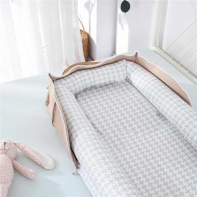 Baby Lounger for Newborn Portable Bag,Baby Nest Play Gym mat with Strap,Newborn Lounger Adjustable Size & Inner Zipper Lengthen Space to 24 Months(Gray Thousand Bird Check)