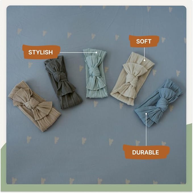 Parker Baby Cable Knit Nylon Headbands 5 Pack | Soft, Stretchy & Comfortable Bows for Girls | Adjustable, Soft to Touch & Knotted Headbands for Baby Girls | Baby Headwraps for Girls | Multiple Colors