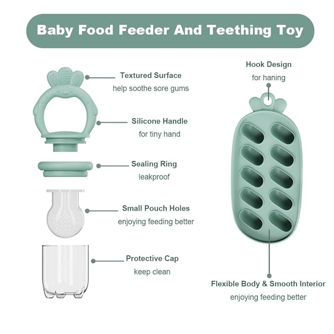 Baby Food Fruit Feeder, Breastmilk Baby Popsicle Molds, Silicone Teether Freezer Tray Food Feeder Pacifier for Teething Relief (Green)
