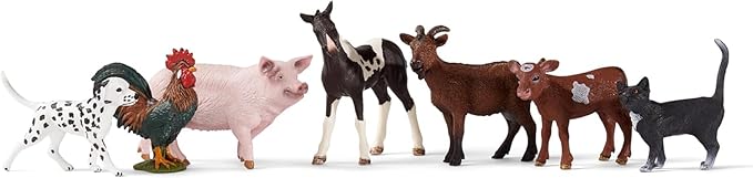 Schleich Farm World - 7 PC Farm Animal Playset with Dog, Cat, Pig, Goat, Rooster, Baby Horse and Cow Toys - Realistic Barnyard Figurines - Fun Educational Figures For Kids and Toddlers Ages 3+ | 77533