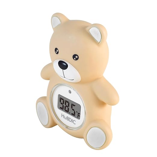 HubiBaby Baby Bath Thermometer & Digital Room Temperature, 2in1 Kids Bathroom Safety Products with Temperature Warning, Floating Teddy Bear (Khaki)