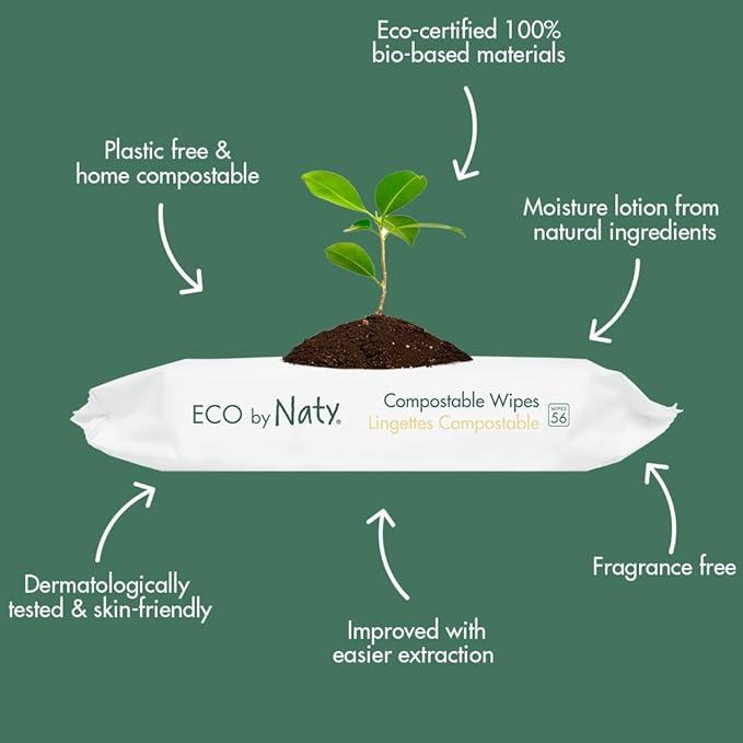 Eco by Naty Unscented Baby Plant based Compostable Wipes, 0% plastic, No nasty chemicals, White, 672 Count