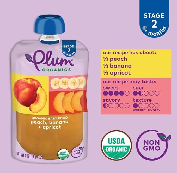 Plum Organics Peach, Banana & Apricot, 6+ Months - Organic Fruit and Veggie Baby Food Pouches, 4 oz Pouch (Pack of 4)