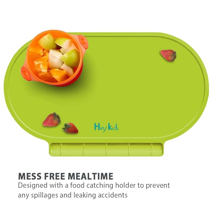 Kids Silicone Placemats, Baby Placemats with Food Catching for Kids Toddler Children Reusable Non-Slip Table Mats Baby Food Mats for Restaurant (Dark Green)