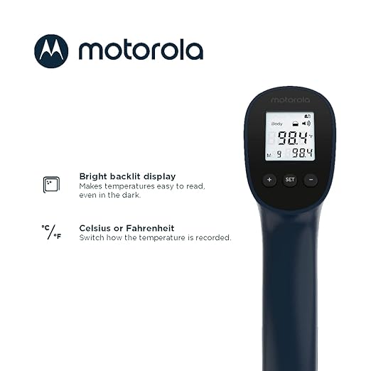 Motorola Nursery Touchless Infrared Thermometer with Backlit Display, TE-94 with Memory Function, High Temperature Alert, Dark Blue