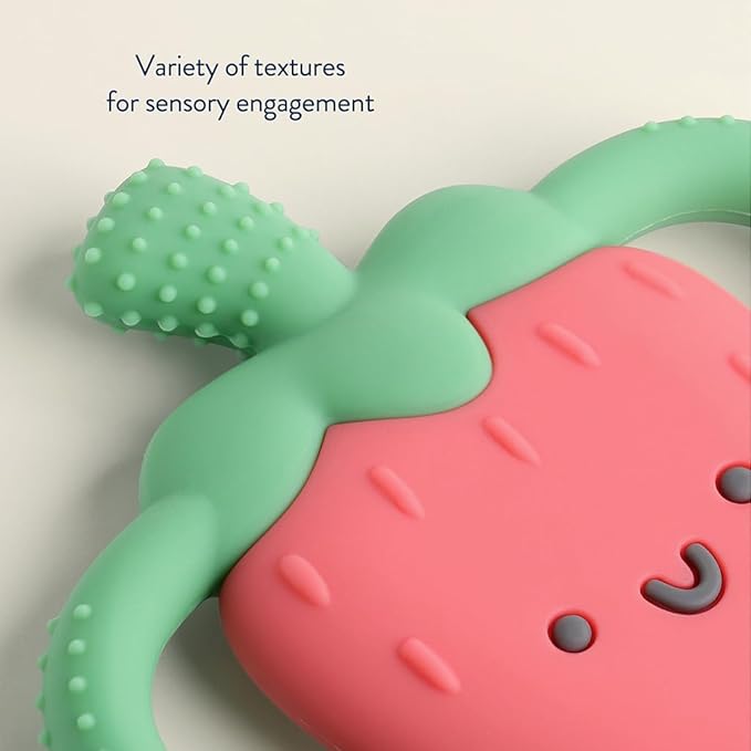 Itzy Ritzy Strawberry-Shaped Baby Teether with Handles; Silicone Teether for Babies with Easy-Grab Handles and Textured, Teethable Surfaces - Baby Teething Toy for 3 Months & Up (Strawberry)