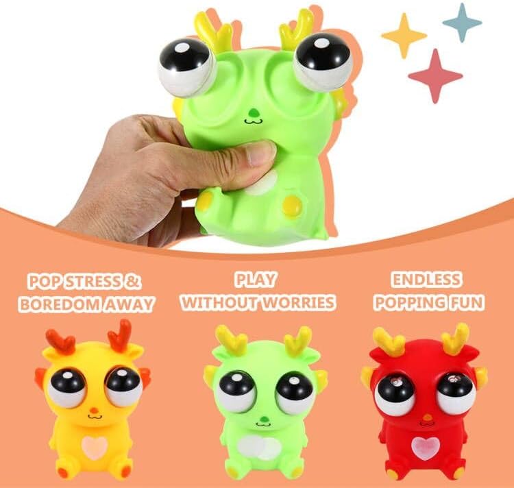 Simple Fidget Pop Toys - Portable, Calming Sensory Hand Toys for Fun & Stress Relief - Soft & Flexible Silicone Materials Keychain - Durable Poppers for Kids & Adults (Eye Popping Dragon-3 Pack)