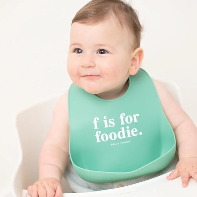 Bella Tunno Baby Bib for Eating, Waterproof Silicone Bib with Large Food Catcher, Adjustable Fit for Babies 4-12 months & Toddlers 1-3 Years, Boys & Girls, F Is For Foodie