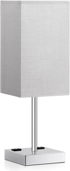 Touch Bedside Table Lamp For Nightstand - 3-Way Dimmable Night Lamp with USB A + Type C Charging Ports and two AC Outlets, Small Desk Light with E26 LED Bulb for Bedroom Living Room, GREY PLUS
