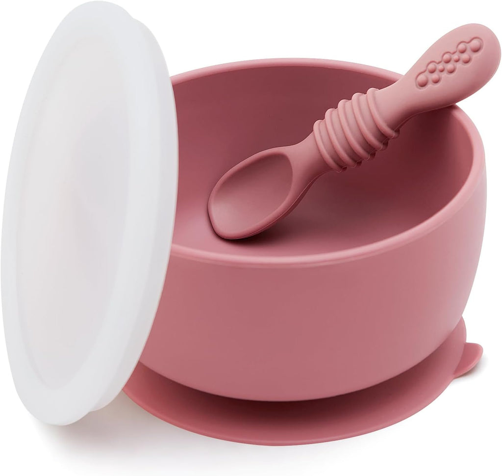 SAMiGO Silicone Baby Bowl and Spoon Set with Suction and Lid, First Stage Self Feeding Essentials, Food Bowl for 6+ Months