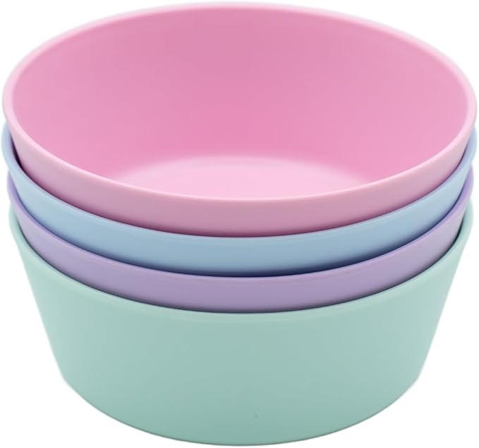 WeeSprout Bamboo Kids Bowls, Set of Four 10 oz Kid-Sized Bamboo Bowls, Dishwasher Safe Kid Bowls (Pastel Blue, Mint, Purple & Pink)