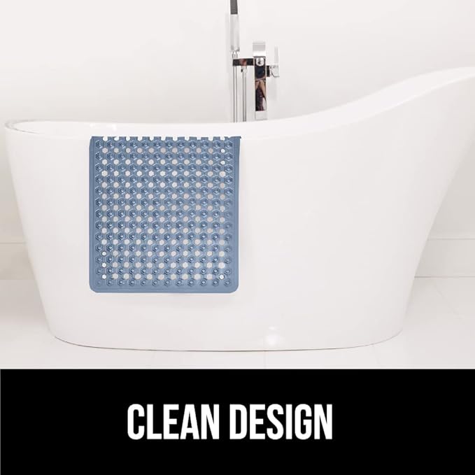 GORILLA GRIP Patented Bath Tub Shower Mat, Machine Washable Bathtub Floor Liner Mats, Suction Cups and Drain Holes to Keep Tubs Clean, Soft on Feet, Bathroom Essentials, 35x16 Inch, Clear Navy