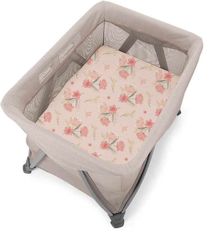 Pack n Play Stretchy Fitted Playard Sheet Set BROLEX 2 Pack Portable Mini Crib Sheets,Convertible Playard Mattress Cover,Ultra Soft Material,Pink Blossom