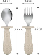 PandaEar 6 Pieces Baby Toddler Silicone Stainless Steel Utensils Silverware Spoon Fork for Baby Toddler BPA Free with Silicone Holding Anti-Choke Design (Blue Green Beige)