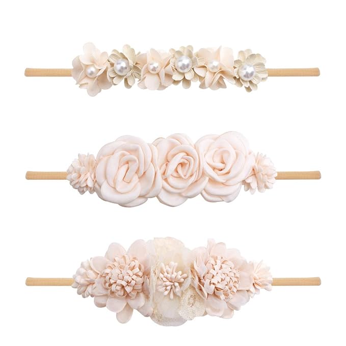 Baby Girl Nylon Headbands Flower Hair Bows Accessories-Elastic Hair Band Crown Handmade FLoral Wraps Birthday Gifts for Girls Newborn Infant Toddler 3Pcs