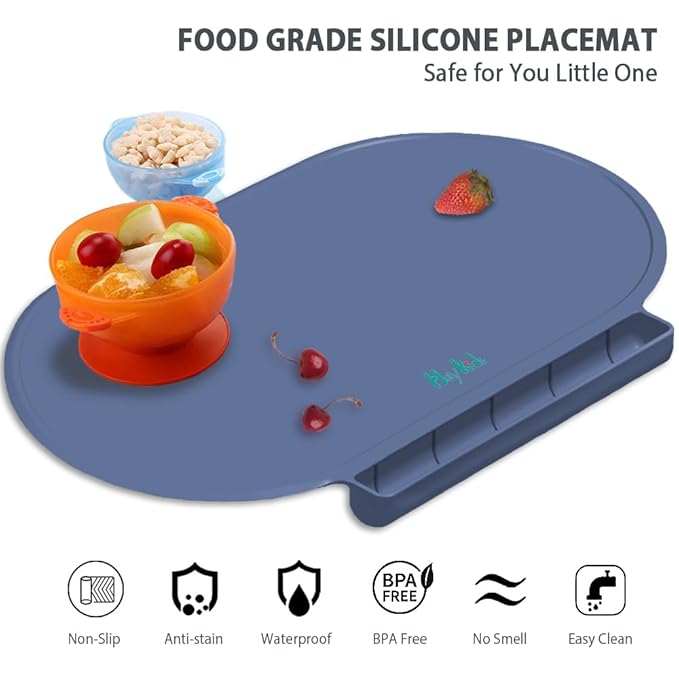Silicone Placemat for Baby, Silicone Baby Toddlers Non-Slip Tablemats Stain Resistant Anti-Skid Reusable Dishwasher Safe Table Mats, Portable Food Mat Travel (2Pack, Lake Blue)
