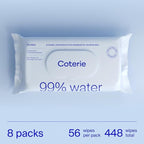 Coterie Baby Wipes for Sensitive Skin, Plant-Based and Plastic-Free Fibers, 99% Water, Hypoallergenic, pH Balanced, Unscented, Clean and Gentle Baby Essentials, 8 Pack, 448 Count