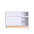 dadada Central Park 3-Drawer Dresser with Open Shelving - Modern Design, Baby-Safe Finish, Forged Steel Support, Sturdy Wood Legs, for Nursery, Kids or Teen Room, 47” Wide (White+Natural)