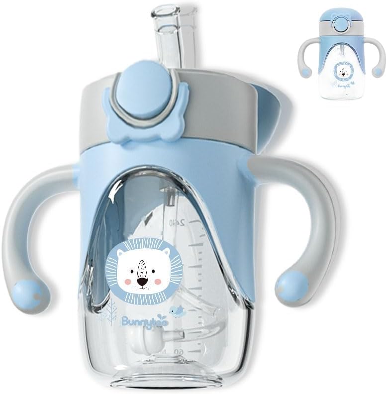 Bunnytoo Baby Sippy Cup with Weighted Straw for Infants 6-12 Months, 8oz Toddler Drinking with Handles, BPA-Free, Transition Trainer for 1+ Year Old (Blue)