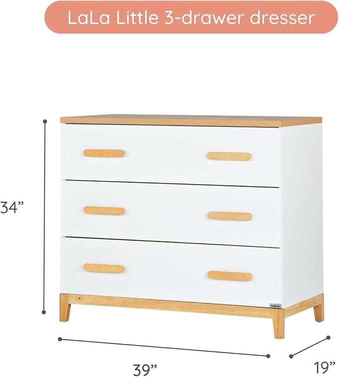 dadada LaLa 3 Drawer Dresser for Nursery - Modern Design, Deep Drawers, Baby-Safe Finish, Anti-Tip Safety, Durable Construction, Maximum Storage for Small Spaces, 39” Wide. (Little 3-Drawer)