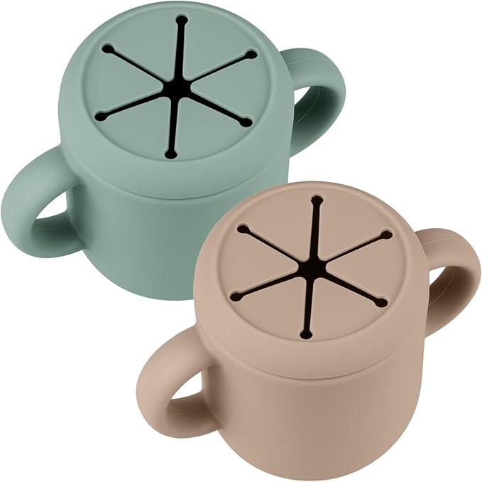 Snack Containers, Silicone Snack Cups for 6-12 Months Toddlers - Pack of 2 Food Grade Silicone Snack Cups with Grip Handle for Baby Led Weaning, Unbreakable (Natural/Cambridge Blue)